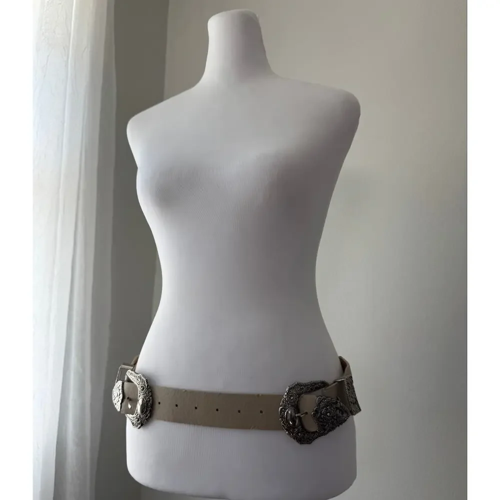 Taupe Double Silver Buckle Elasticized Back Belt